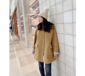 連帽雙色圓弧口袋羊絨大衣