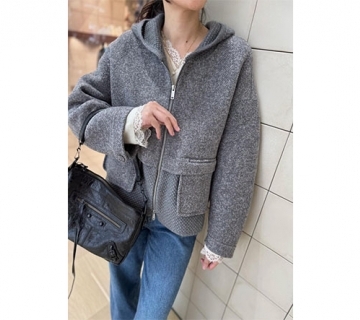 浣熊連帽拼接羊絨短大衣